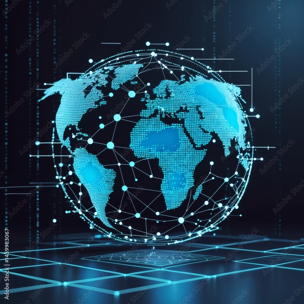 Poster A digital depiction of Earth, interconnected by lines of code, emphasizing global digital networking. It presents a futuristic look.
