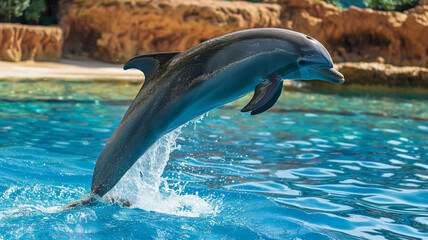 Bottlenose dolphin leaping from clear blue water. Energetic marine life.