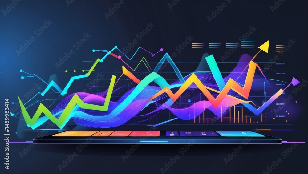 Poster vibrant and dynamic graphic of stock market data, showcasing rising and falling trends. The graph is displayed on a digital screen with glowing colorful lines