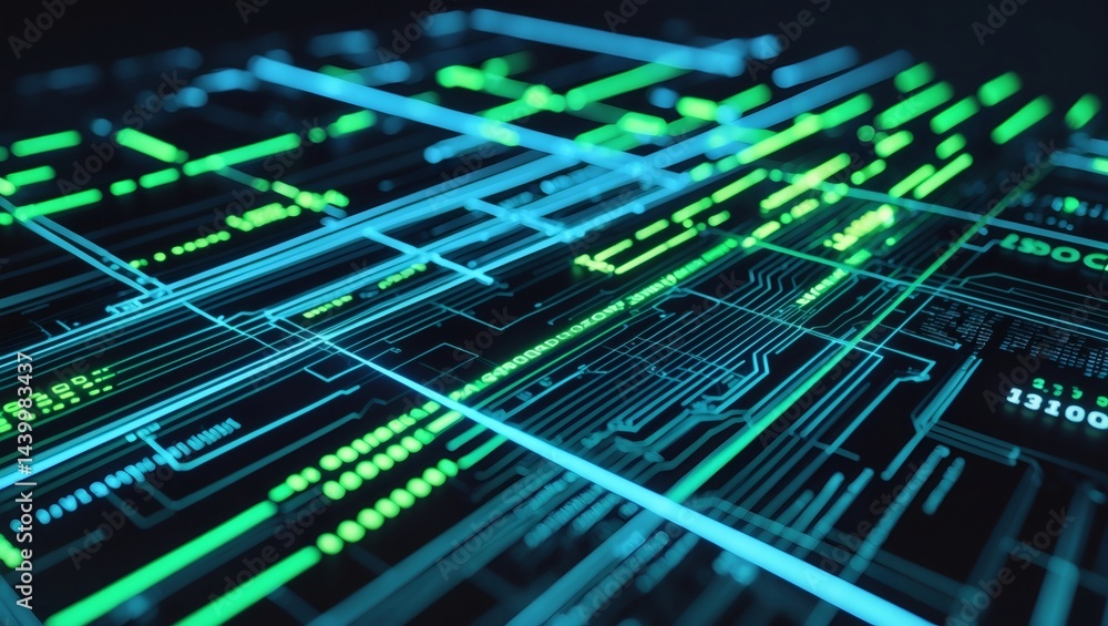 Poster Illuminating circuit board technology.  This image captures the intricate details of a circuit board, with glowing lines of light.  It's a visual representation of innovation.