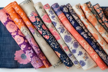 A collection of rolled-up fabrics showcasing various floral patterns in vibrant colors.