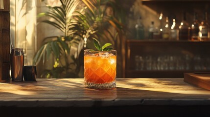 Sunlit cocktail bar, orange drink, plants