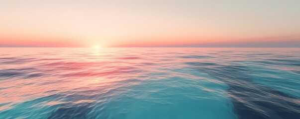 A serene ocean view at sunset with pastel colors reflecting on the water surface and a clear horizon line