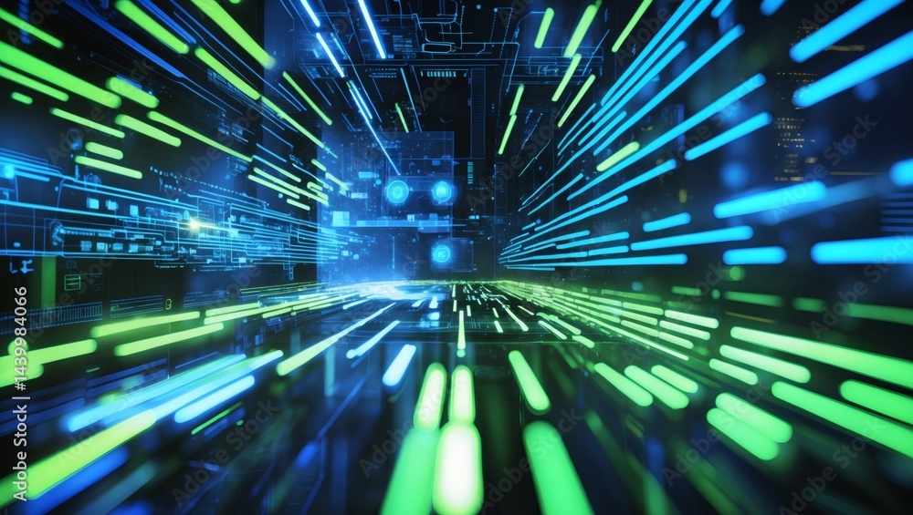 Poster futuristic tech tunnel, with neon lights and a digital data flow