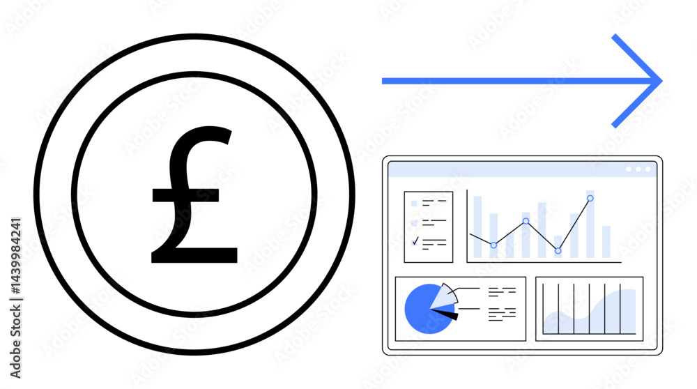Poster pound currency coin linked with an arrow pointing to a data dashboard displaying charts, graphs, and