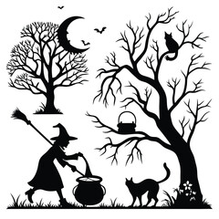 spooky haunted house ghosts, dead tree, lanterns and pumpkins halloween night black and white silhouette vector line art flat design background image illustrations