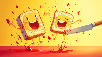 Cheerful cartoon bread slices with cheese and jam on colorful background