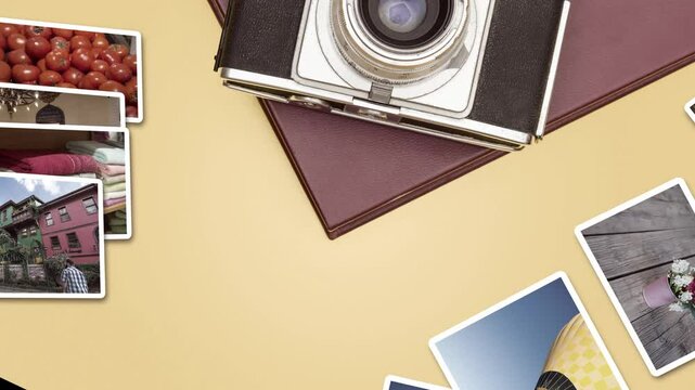 Vintage Photo frames and camera in 4k video, travel and history theme