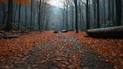 Autumnal forest path covered in fallen orange and brown leaves. Dark trees and misty atmosphere create a moody ambiance. Low angle view focuses on the leaf-covered ground - Powered by Adobe
