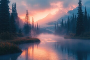 Misty sunrise paints the mountains and river with vibrant hues, creating a serene and magical landscape.