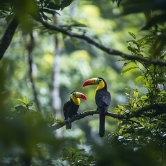 Fototapeta premium Colorful toucans perched on a branch in lush jungle forest