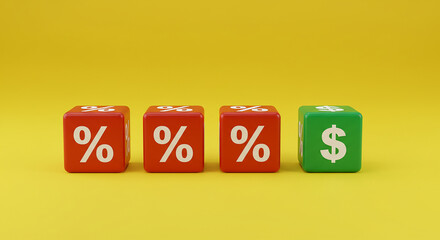 Yellow background with cubes displaying currency and discount percentage finance theme in focus