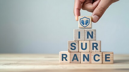 Insurance Protection Concept with Wooden Blocks and Shield Icon