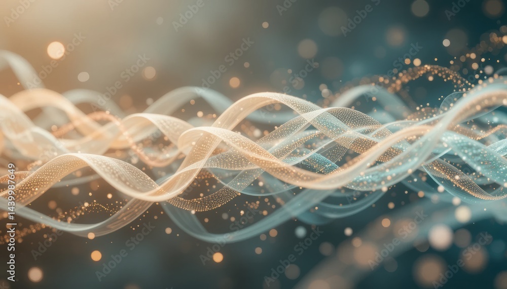 Poster abstract glowing waves intertwine, creating a dynamic sense of motion and energy against a soft, blu