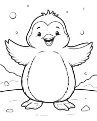 Cute cartoon baby penguin standing with open wings in a snowy scene with falling snowflakes. Black and white line art for children's coloring book. Happy winter penguin.