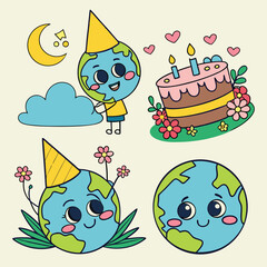 Cute Earth planet cartoon characters kawaii emoji sticker for world environment day celebration