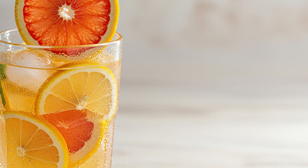 Close-up of a refreshing cold drink with sliced citrus fruits, ice cubes, and condensation drops on a sunny background.