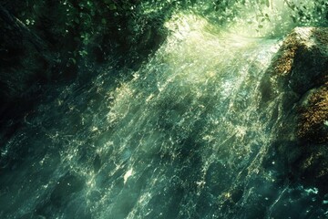 Fototapeta premium Serene waterfall cascading over mossy rocks, sunlight filtering through lush green foliage.