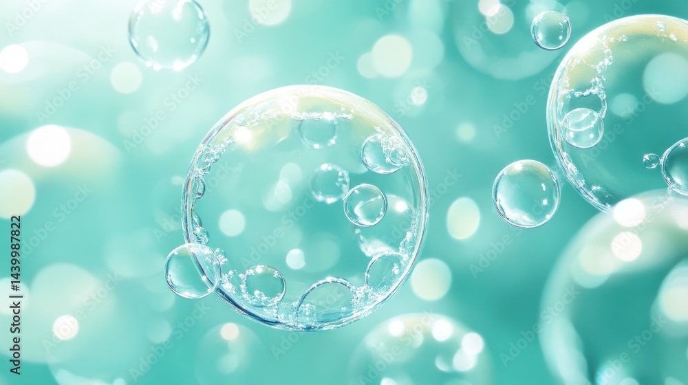 Aufkleber soap bubbles floating in a teal background, creating a dreamy and abstract composition for beauty an