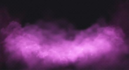 Pink smoke cloud on black transparent background. Fog vector effect.