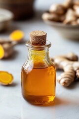 Glass bottle of golden turmeric essential oil with cork lid surrounded by fresh turmeric root on marble

