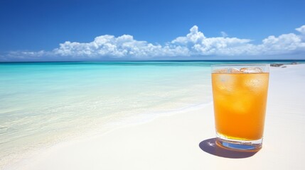 A refreshing tropical drink on pristine beach with clear blue sky 