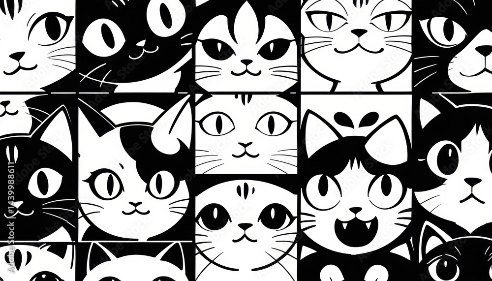 Poster a seamless black and white pattern featuring various illustrated cat faces with different expression