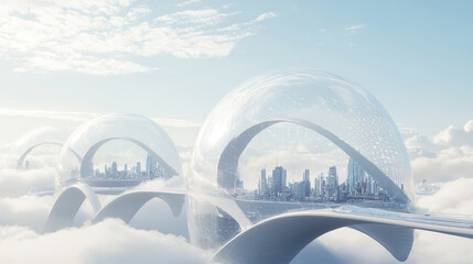 Futuristic sky cityscapes in transparent domes above the clouds
