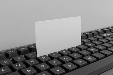 Blank Business Card Mockup on Computer Keyboard Soft Grey Background, 3D Rendering