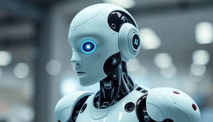 Futuristic humanoid robot with glowing blue eyes and a sleek design, representing advanced technology and artificial intelligence in modern settings