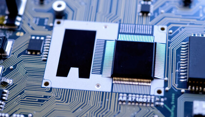 Close-up View of Circuit Board Components with Microchips and Electronic Patterns for Technology and Innovation Themes