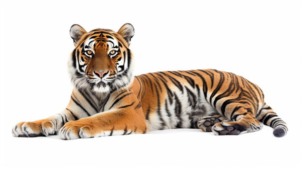 Fototapeta premium Lying tiger isolated on a clean white background. Powerful feline.