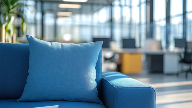 A beautiful office pillow on a sofa overlooking workspaces — a cozy detail of a modern office, an atmosphere of comfort and productivity