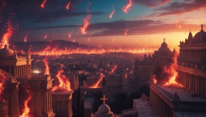 Dramatic cityscape engulfed in flames, with burning structures under a fiery sky at dusk.