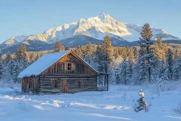 A rustic wooden cabin covered in snow sits peacefully in front of a majestic snow-capped mountain range under a clear blue sky.