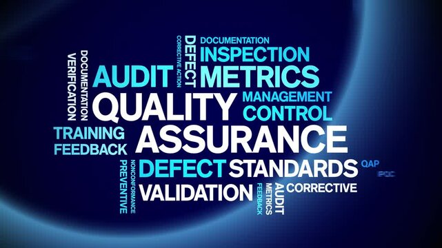 Quality Assurance animated word cloud;text design animation tag kinetic typography seamless loop.
