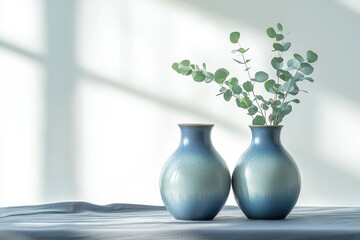 Two blue ceramic vases with eucalyptus branches arranged on a gray linen surface, bathed in soft sunlight.
