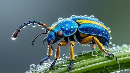 Naklejka premium Close up of a colorful beetle with water droplets on a green leaf