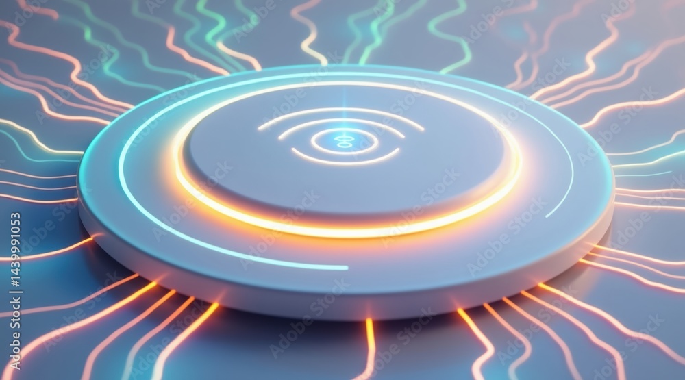 Poster futuristic circular device with glowing lines and neon accents symbolizing technology and connectivi