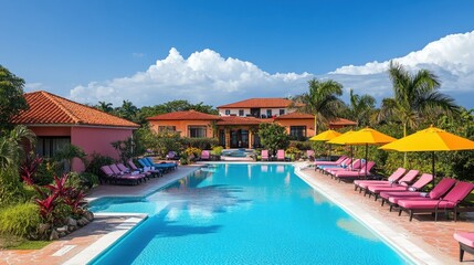 Obraz premium Vibrant resort pool area with colorful umbrellas and lounge chairs