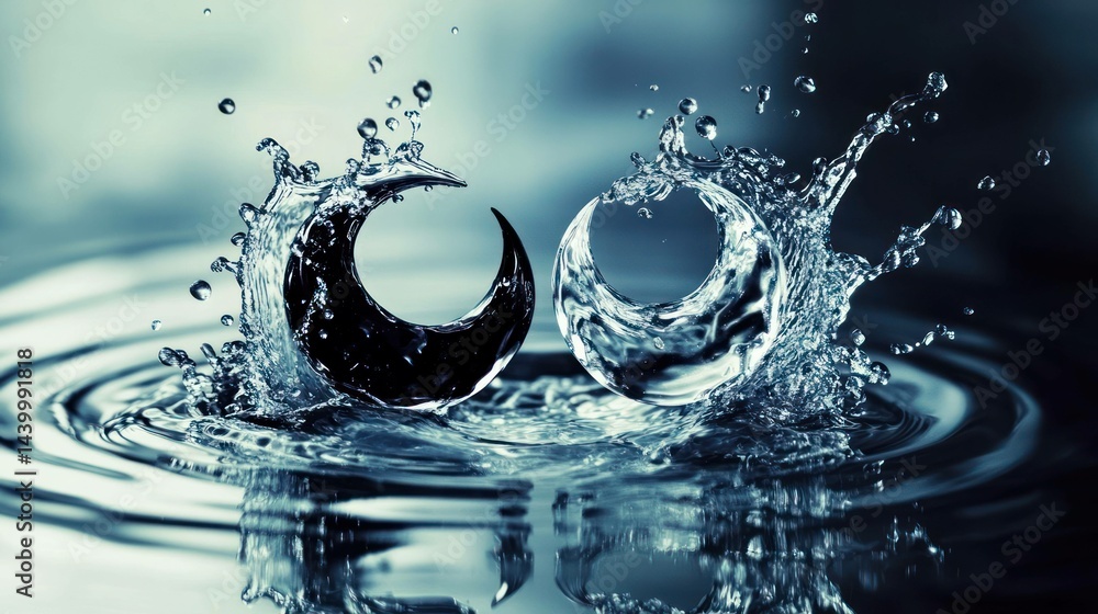 Poster water splash forms a circle and crescent, reflective and dynamic scene.