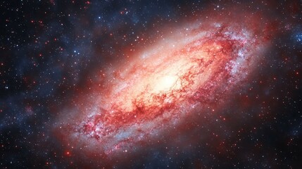 A beautiful spiral galaxy glows with red and blue hues in deep space.