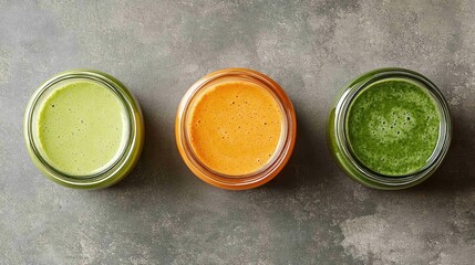 Aerial view of three colorful smoothie jars on a gray textured background.