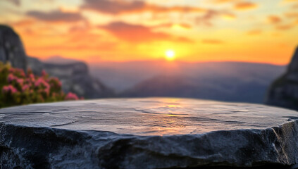 Obraz premium Stone Tabletop at Sunset Over Mountain Landscape