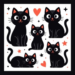 Cute illustration of five black cats with big eyes, surrounded by red hearts and stars on a white background.