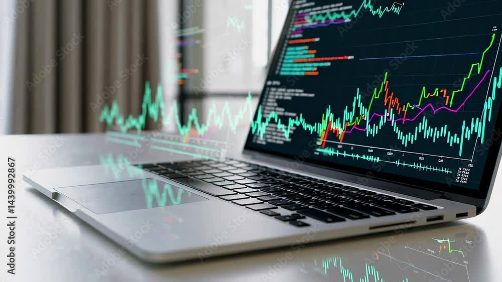 Poster Program code and financial charts are displayed on a laptop screen, suggesting data analysis and trading activities in a bright office environment