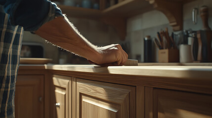 Carpenter Sanding a Wooden Surface in a Workshop