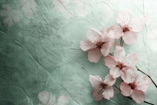 Delicate pink blossoms on a textured mint green backdrop.