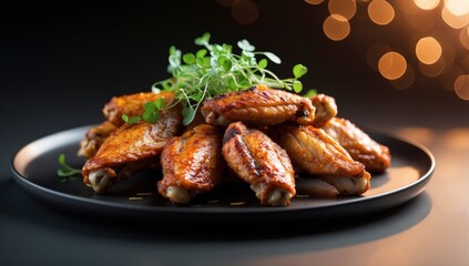 Appetizing pile of golden-brown chicken wings presented on a dark plate with fresh garnish.