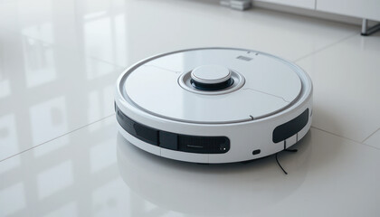 Modern robotic vacuum cleaner on a shiny tile floor in a contemporary home interior showcasing advanced technology for effortless cleaning